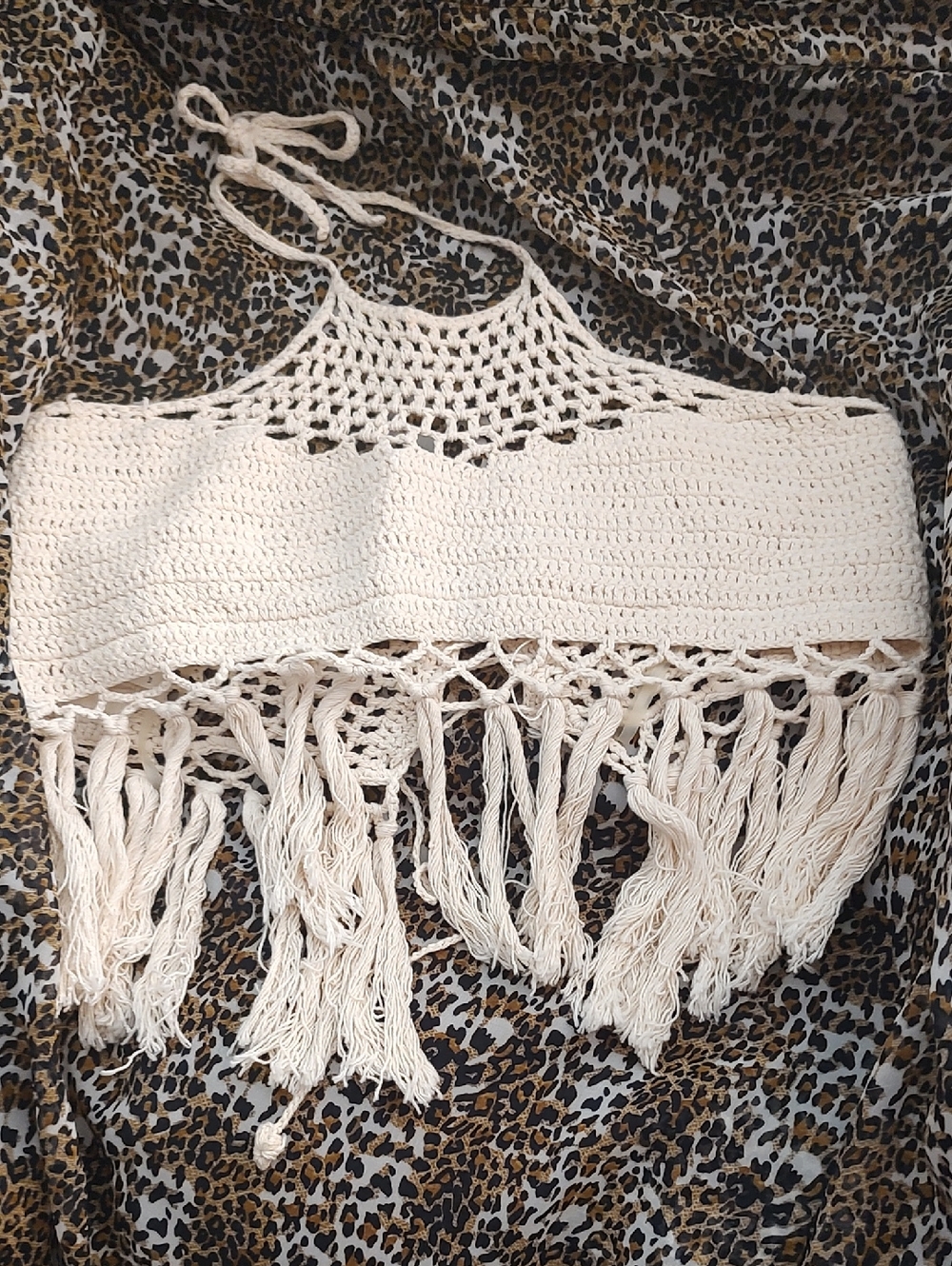 EARTHBOUND Cream Crochet Fringe Halter Top